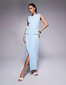 Kaiia – Эксклюзивное элегантное макси-платье синего цвета с рукавами-крылышками, разрезом спереди и карманом