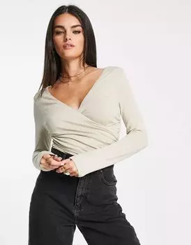 Каменное боди с длинными рукавами и запахом ASOS