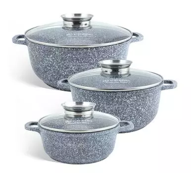 Каменные кастрюли из 6 предметов разных размеров со стеклянными крышками, индукционные кастрюли, кастрюля для приготовления пищи, кастрюля для супа, кастрюля для спаржи, большая кастрюля, 2,3 л / 4,5 л / 6,8 л EDENBERG, серый