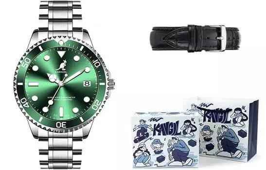 Мужские часы Kangol Kangaroo Diver Collection, черный/зеленая подарочная упаковка