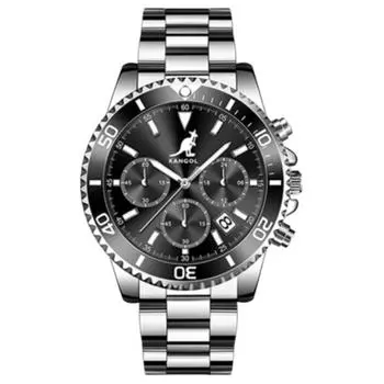 KANGOL Мужские часы с кварцевым механизмом, ремешком из нержавеющей стали и черным циферблатом