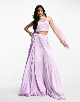 Kanya London Bridesmaid – Lehenga – Расклешенная юбка с рюшами и шарф лавандового цвета
