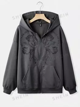 Капюшон EZwear на молнии, выгравированная графика + надпись MESSENGER OF LOVE, завернутые плечи Shein, темно-серый