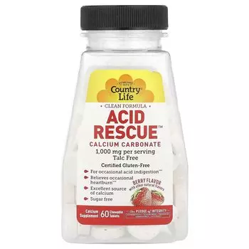 Карбонат кальция Country Life Acid Rescue с ягодным вкусом, 60 жевательных таблеток