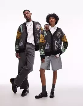 Кардиган AllSaints Akki в стиле унисекс с графическим принтом серого цвета