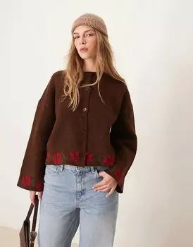 Кардиган ASOS DESIGN коричневого цвета с цветочными деталями и широкими манжетами