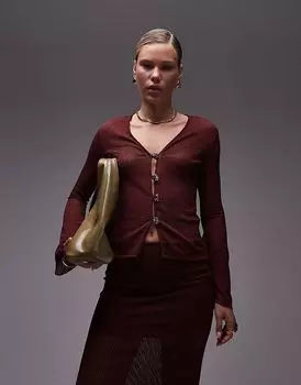 Кардиган ASOS DESIGN с расклешенными рукавами, связанный крючком, с золотыми пуговицами, бордового цвета