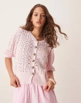 Кардиган ASOS DESIGN с рукавами-фонариками, выполненный ажурной вязкой, розового цвета