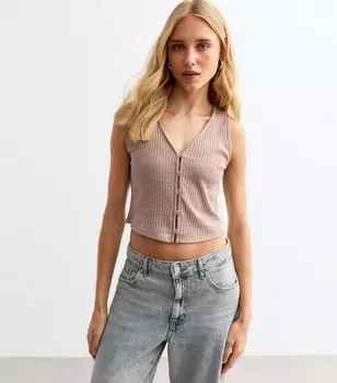 Кардиган без рукавов из хлопковой смеси норки в рубчик "Пуантелле" New Look, светло-коричневый