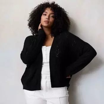 Кардиган большого размера с открытым передом и ажурной вязкой Lc Lauren Conrad, черный