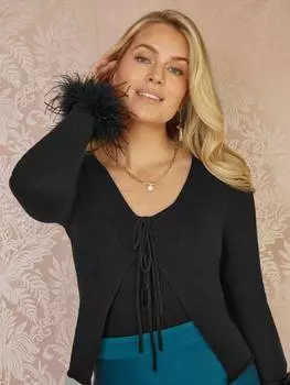 Кардиган-болеро с манжетами из перьев в рубчик Yumi, черный