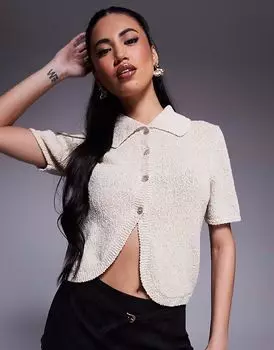 Кардиган букле ASOS DESIGN с короткими рукавами и закругленным подолом цвета экрю