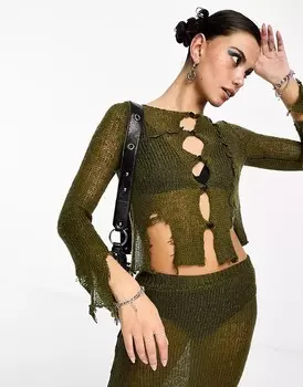 Кардиган Collusion Open Stitch Distressed Knitted, хаки