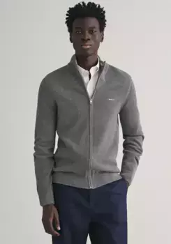 Кардиган "COTTON PIQUE ZIP CARDIGAN" с вышитым логотипом на груди Gant, серый