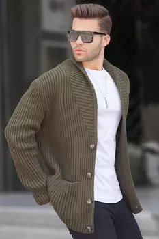 Кардиган цвета хаки с высоким воротником и карманами 6815 MADMEXT