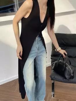 Кардиган DAZY, однотонный, упругий, приталенный, длинный, с V-образным вырезом, без рукавов, для женщин, черный цвет