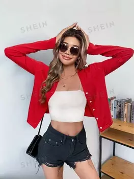 Кардиган Essnce Гладкий трикотаж, V-образный вырез, для женщин, осень-зима Shein, красный