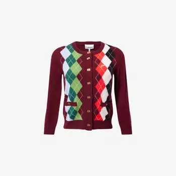 Кардиган Ganni Rhombus с круглым вырезом и принтом, бордовый