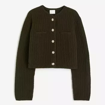 Кардиган H&M Short Textured-knit, темно-зеленый