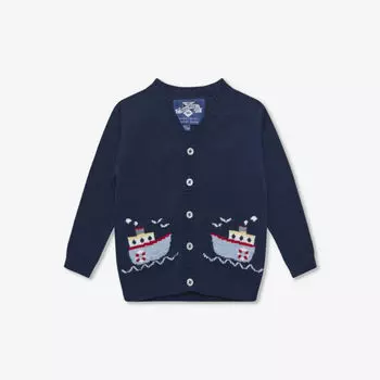 Кардиган хлопковой вязки с v-образным вырезом и интарсией "буксир" 3-24 месяца Trotters, синий