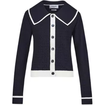 Кардиган из хлопка ажурной вязки с контрастной отделкой THOM BROWNE, Marine Blue