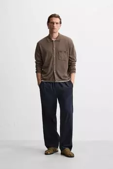 Кардиган из хлопка и льна ZARA, коричневый/серо-коричневый