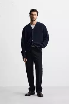 Кардиган из хлопка и шерсти в ребриск ZARA, темно-синий