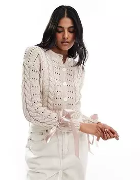 Кардиган из хлопка с круглым вырезом и отделкой в виде банта в каменном цвете Cotton:On