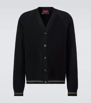 Кардиган из хлопка с полосатой вязкой Web Stripe Gucci, Black/Green/Red