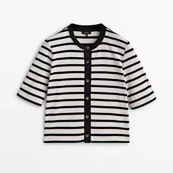 Кардиган из хлопка в полоску с пуговицами Massimo Dutti, кремовый
