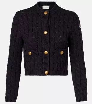 Кардиган из хлопковой смеси с узором «косичка» Moncler, темно-синий