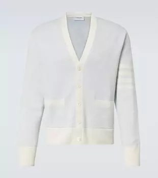 Кардиган из льна и хлопка с 4-полосным узором Thom Browne, светло-синий