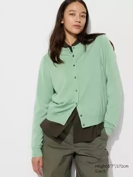 Кардиган из мериносовой шерсти с круглым вырезом UNIQLO, зеленый