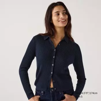 Кардиган из мериносовой шерсти в рубчик с воротником-поло UNIQLO, темно-синий