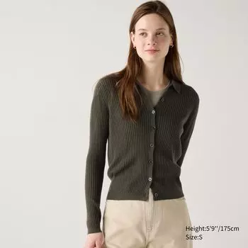Кардиган из мериносовой шерсти в рубчик с воротником-поло UNIQLO, оливково-зеленый