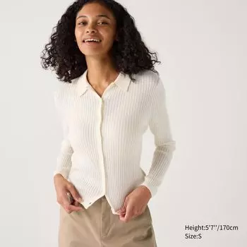 Кардиган из мериносовой шерсти в рубчик с воротником-поло UNIQLO, белый