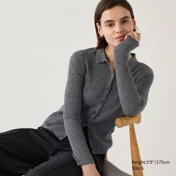 Кардиган из мериносовой шерсти в рубчик с воротником-поло UNIQLO, серый