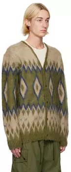 Кардиган из мохера с узором «ромб» зеленого и бежевого цвета NEEDLES