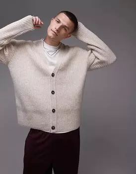 Кардиган из овечьей шерсти премиум-класса в рубчик в каменном цвете Topman