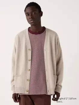 Кардиган из овечьей шерсти с v-образным вырезом Uniqlo, бежевый