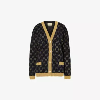 Кардиган из смесового хлопка с узором монограммы и отделкой в рубчик Gucci, синий
