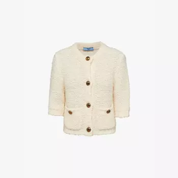 Кардиган из смесовой шерсти с букле-фактурой, украшенный пуговицами Prada, белый