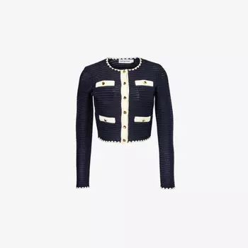 Кардиган из тканой смеси с круглым вырезом Self-Portrait, синий