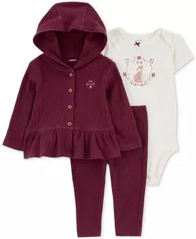 Кардиган из жатого джерси с капюшоном, боди с принтом и комплект брюк 3 шт. Carter's, красный