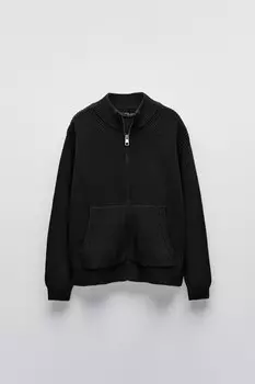 Кардиган изнаночной вязки с молнией ZARA, черный