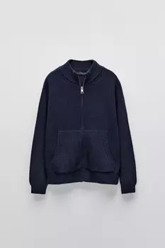 Кардиган изнаночной вязки с молнией ZARA, темно-синий