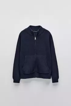 Кардиган изнаночной вязки с молнией ZARA, темно-синий