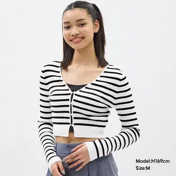 Кардиган короткий GU в полоску, белый