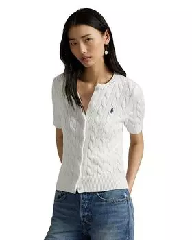 Кардиган короткий с коротким рукавом из хлопка, вязка "косичка" Ralph Lauren, белый