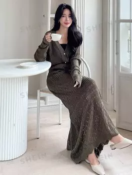 Кардиган Kpop, трикотажная вязка, заниженная линия плеча и трикотажная юбка Dazy, коричневый